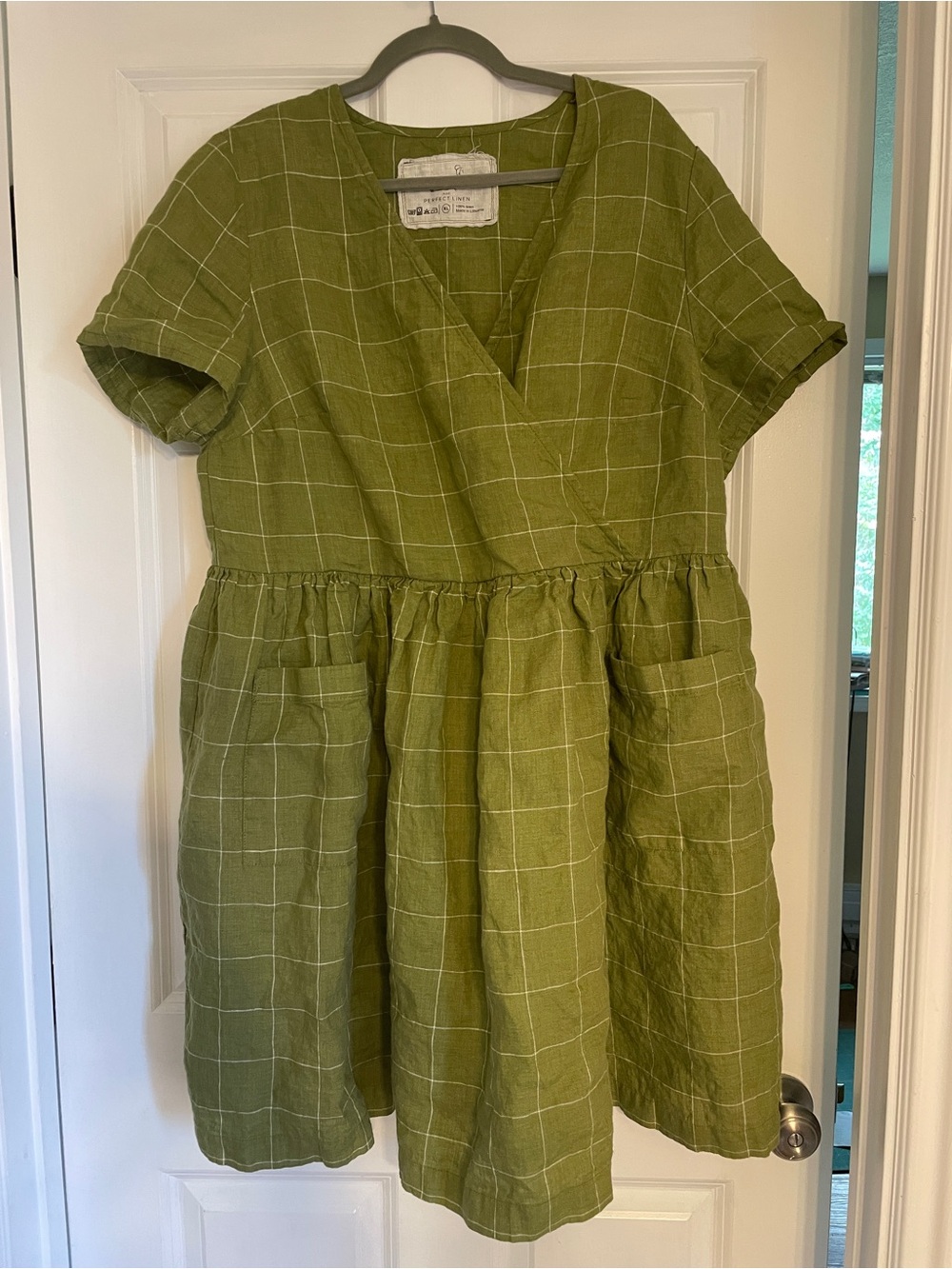 notPERFECTLINEN Olive Green Windowpane Midi Dress NWOT